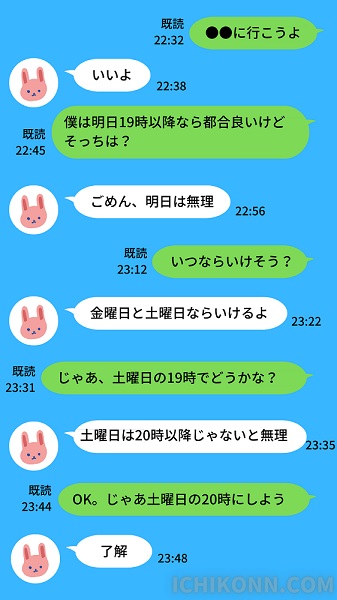 (男)●●に行こうよ 
(女) いいよ
(男) 僕は明日19時以降なら都合良いけどそっちは？
(女)ごめん、明日は無理
(男)いつならいけそう？
(女)金曜日と土曜日ならいけるよ
(男)じゃあ、土曜日の19時でどうかな？
(女)土曜日は20時行こうじゃないと無理
(男)OK。じゃあ土曜日の20時にしよう
(女)了解