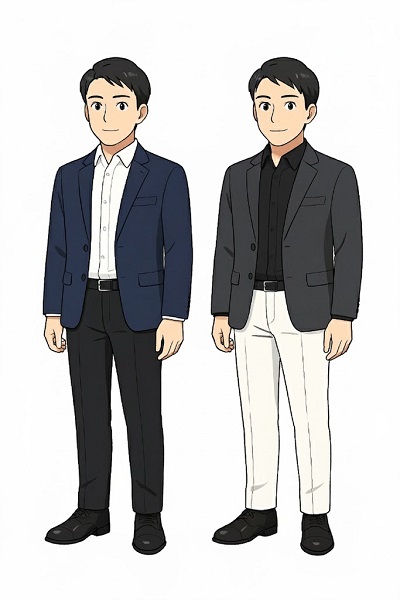 上半身:ジャケットと襟付きシャツ
下半身:スラックスやチノパン