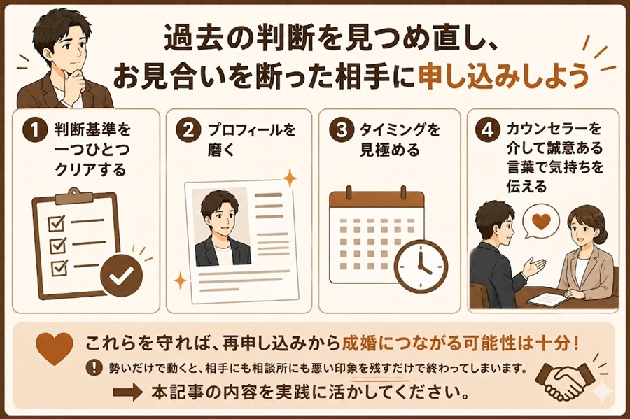 過去の判断を見つめ直し前向きに進むイメージ図