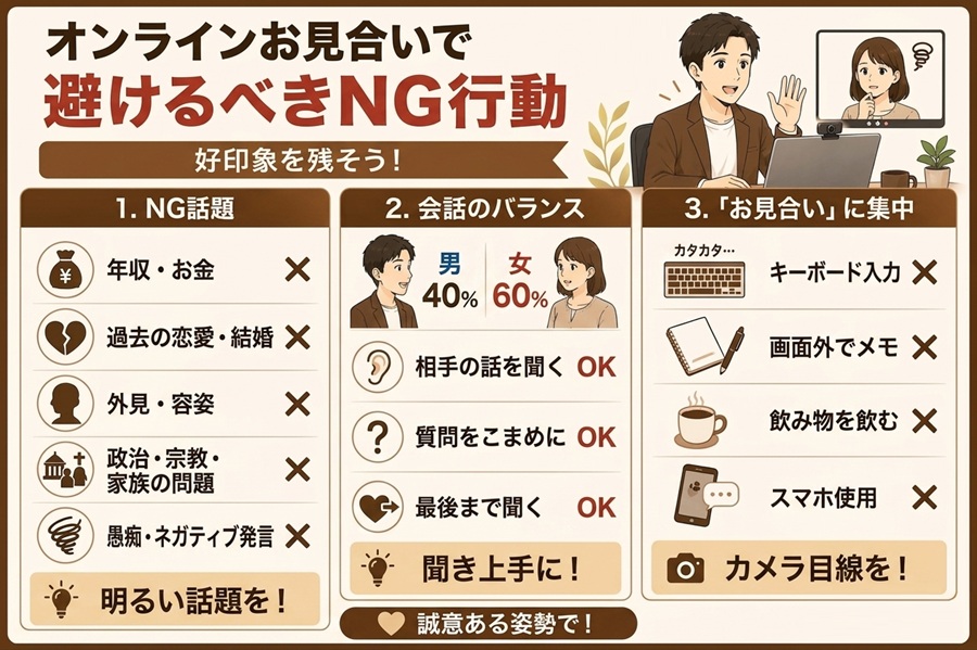 オンラインお見合いで避けるべきNG行動