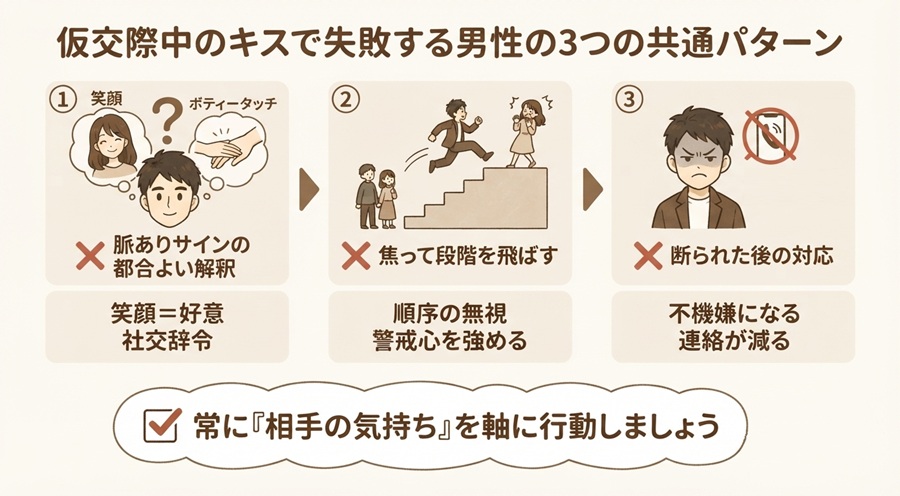 仮交際中のキスで失敗する男性の3つの共通パターン