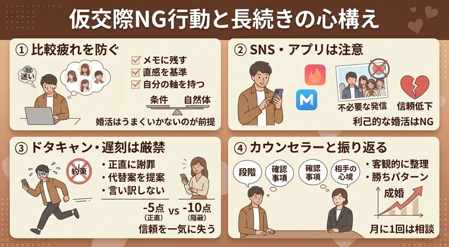 仮交際中に避けるべきNG行動と関係を長続きさせる心構え